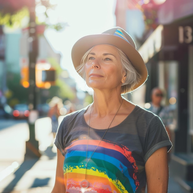 Confident Senior Woman in Rainbow Shirt Urban Lifestyle Photography