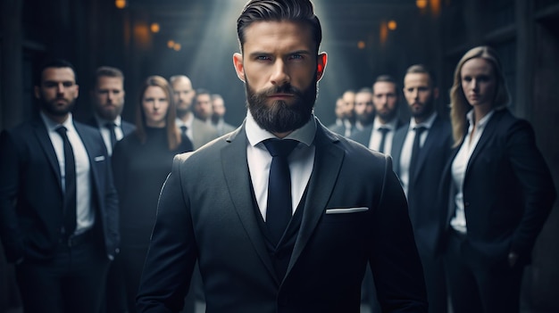 A confident serious bearded businessman wearing a stylish suit with strong leadership qualities character stands out among the crowd stands against the background of business people in the office