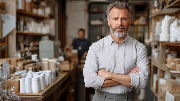 Photo confident shop owner standing with arms crossed in his store