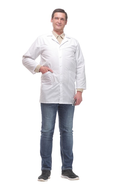 Confident smiling doctor standing with hand in pocket