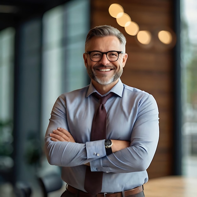 confident smiling professional businessman wears glasses stands with arms crossed staring at camera