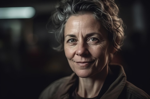 Confident smiling senior woman mechanic standing in workshop portrait of cheerful middle aged caucasian female worker in overalls looking at camera