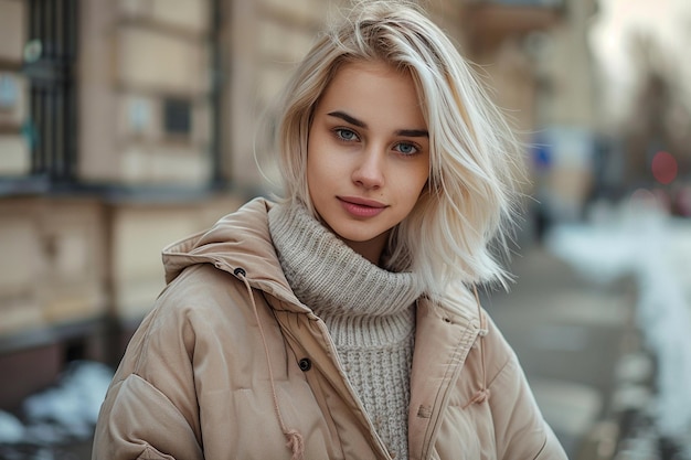 Confident smiling young caucasian blondie lady in elegant jacket