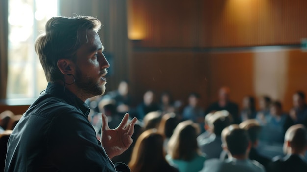 Confident speaker engaging an audience at a professional seminar sharing his expertise