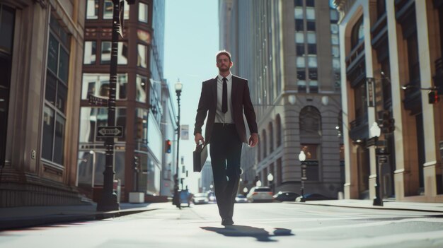 Photo a confident and stylish businessman strides down a city street with towering buildings and bright clear morning sky around him