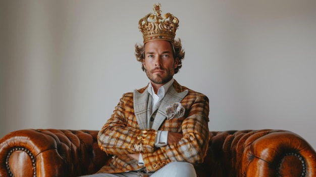 Photo confident stylish man wearing crown sitting on leather sofa exuding elegance and authority