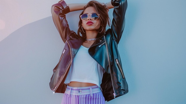 Confident Stylish Woman in Leather Jacket and Sunglasses Posing Against Off White Wall