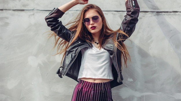 Confident Stylish Woman in Leather Jacket and Sunglasses Posing Against Off White Wall