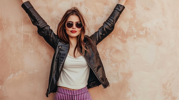 Confident Stylish Woman in Leather Jacket and Sunglasses Posing Against Off White Wall