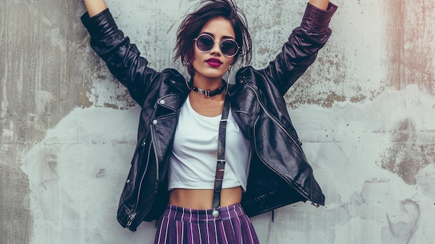 Confident Stylish Woman in Leather Jacket and Sunglasses Posing Against Off White Wall