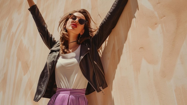 Confident Stylish Woman in Leather Jacket and Sunglasses Posing Against Off White Wall