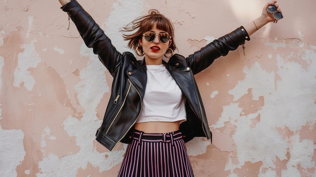 Confident Stylish Woman in Leather Jacket and Sunglasses Posing Against Off White Wall