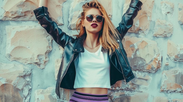 Confident Stylish Woman in Leather Jacket and Sunglasses Posing Against Off White Wall