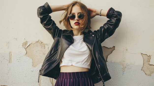 Confident Stylish Woman in Leather Jacket and Sunglasses Posing Against Off White Wall