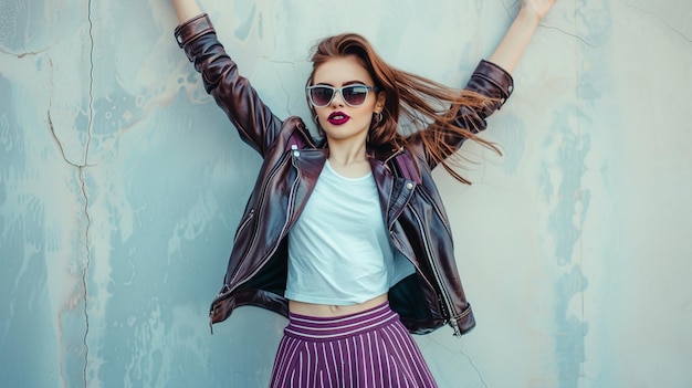 Confident Stylish Woman in Leather Jacket and Sunglasses Posing Against Off White Wall