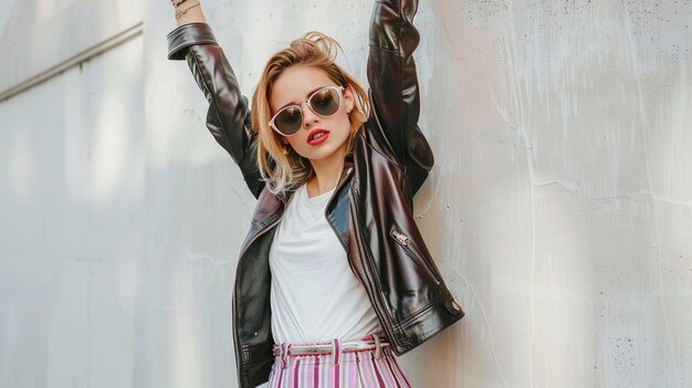 Photo confident stylish woman in leather jacket and sunglasses posing against off white wall