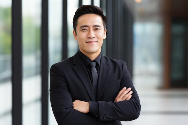 Confident Thai Businessman Smiling Professional in Black Business Clothes Modern Corporate Portrait