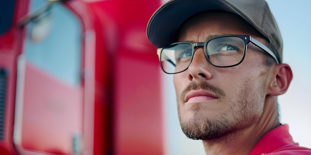 Confident truck driver in cap and glasses stands by semitruck Concept Truck Driver Transportation Semi Truck Confidence Professional Attire