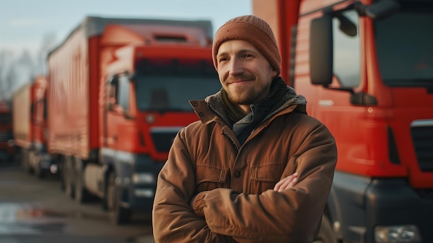 Photo confident truck driver in front of red lorries a professional at work casual attire friendly smile logistic services concept ai