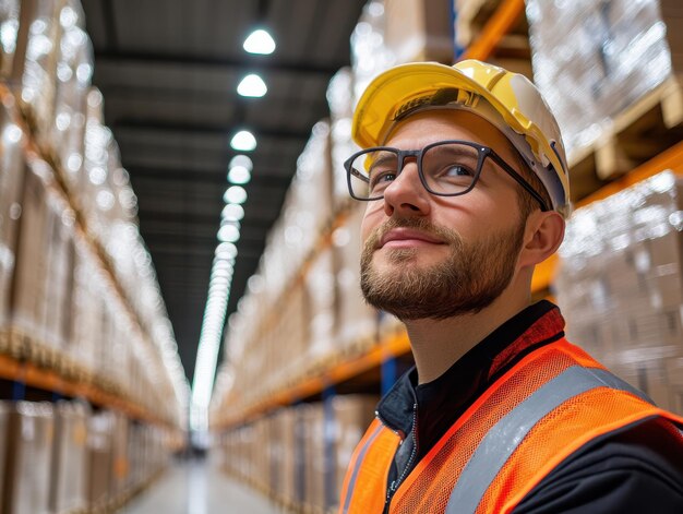 Photo confident warehouse worker in safety gear smiling