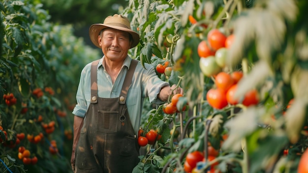 A confident welldressed 40yearold Asian farmer tending to tomato plants