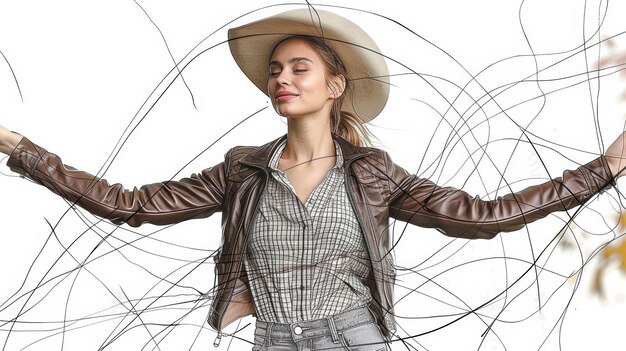 Photo confident western style american woman posing in casual outfit with cowboy hat