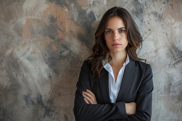 Photo confident white collar businesswoman with crossed arms exuding success and leadership