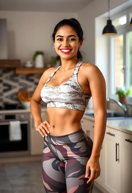 Confident Woman in Activewear Standing in Modern Kitchen