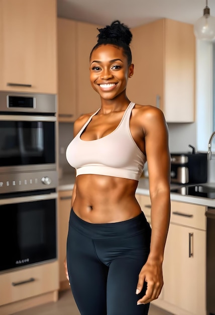 Confident Woman in Activewear Standing in Modern Kitchen