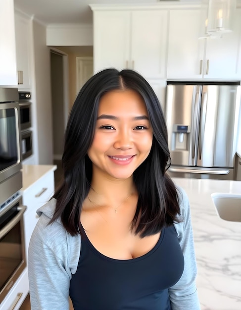 Photo confident woman in activewear standing in modern kitchen