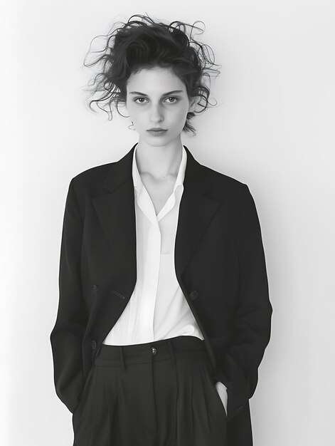 Photo confident woman in a black blazer and white shirt black and white studio portrait