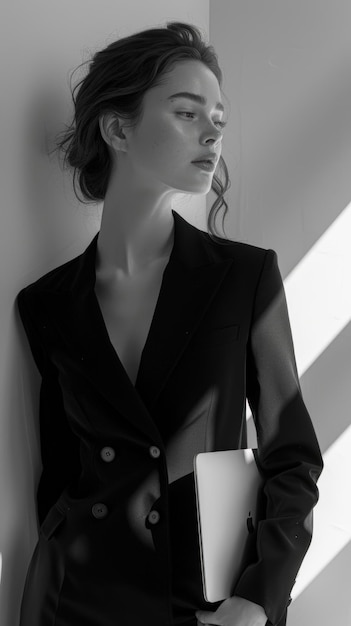 Photo confident woman in a black suit stands against a wall with soft lighting