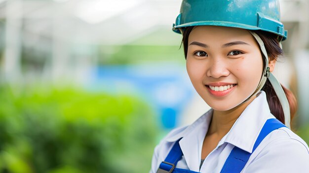 Confident woman builder worker smiling in uniform and safety helmet on labour day