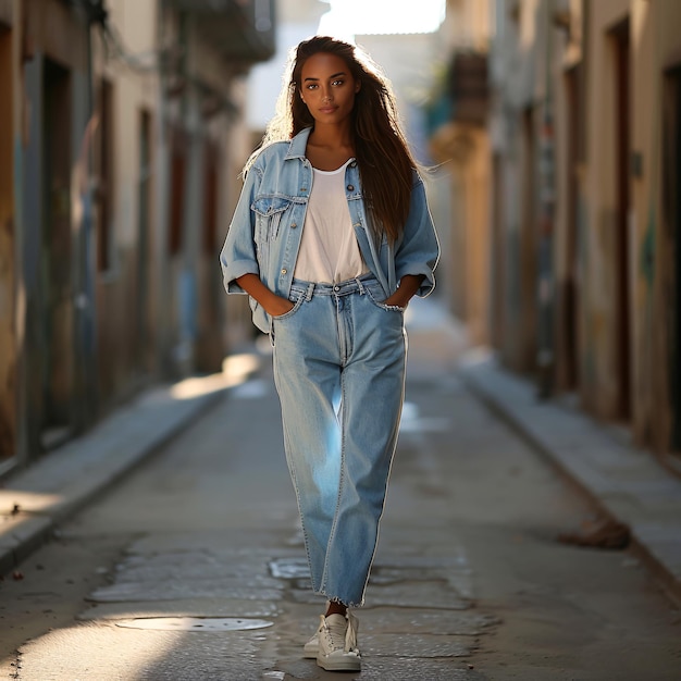 Photo confident woman in casual denim outfit walking down quaint urban alley at sunset