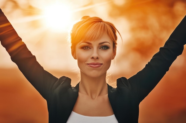 Photo confident woman celebrating success with raised arms in glorious sunset light