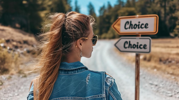 Photo confident woman at crossroad with two way sign symbolizing choice and decision making