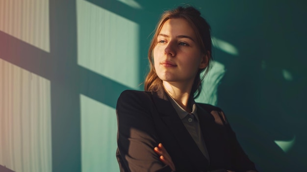 Photo a confident woman in a dark blazer stands in front of a teal wall her poised stance accentuated by dramatic lighting