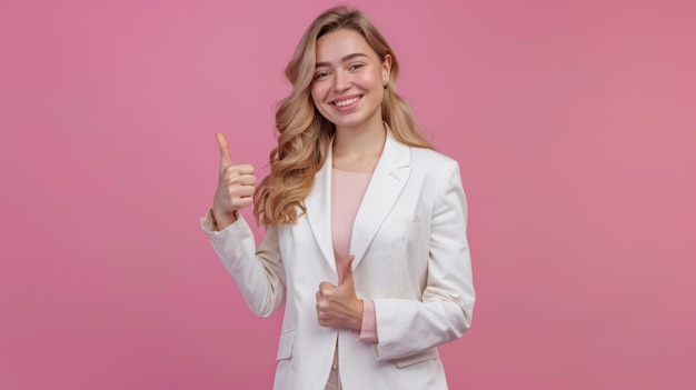 Photo confident woman giving thumbs up