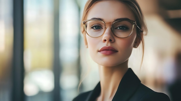 Photo confident woman in glasses looking directly at the camera