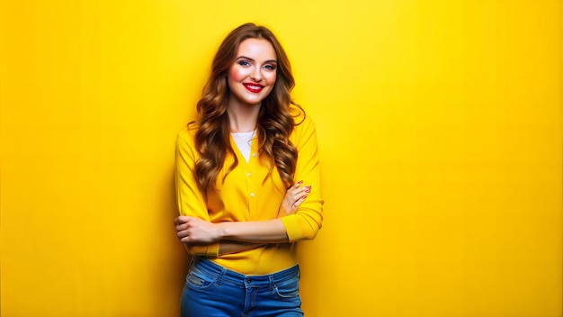 Photo confident woman posing against vibrant yellow background