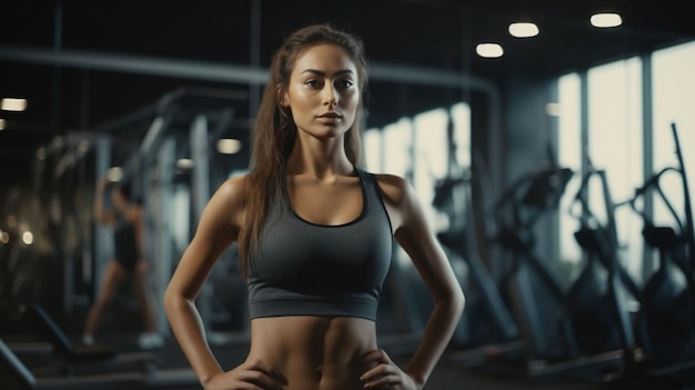 Confident woman posing in a gym during a fitness session in bright natural light