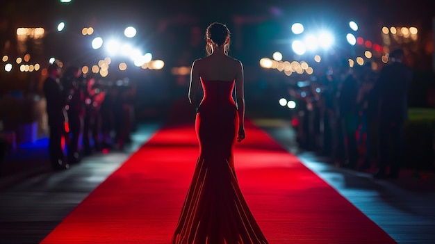 Photo confident woman in red gown walking the red carpet exuding glamour and elegance for fashion events