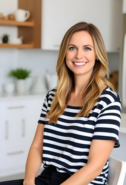 Photo confident woman relaxing in modern kitchen