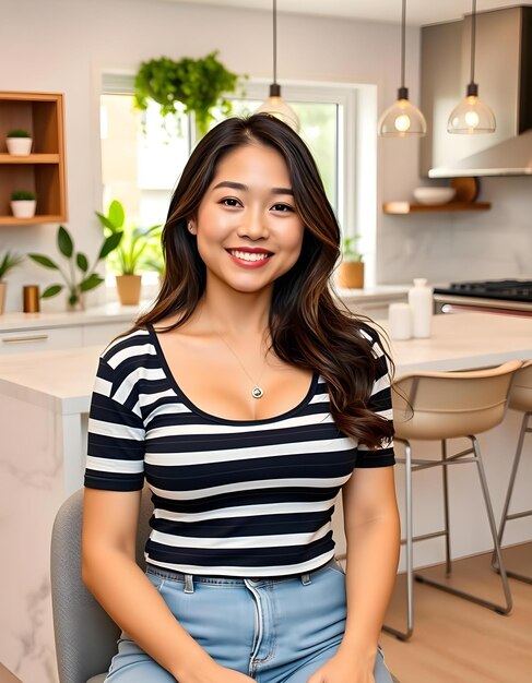 Confident Woman Relaxing in Modern Kitchen