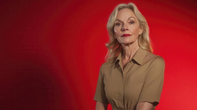 Photo confident woman in a stylish outfit poses against a vibrant red background