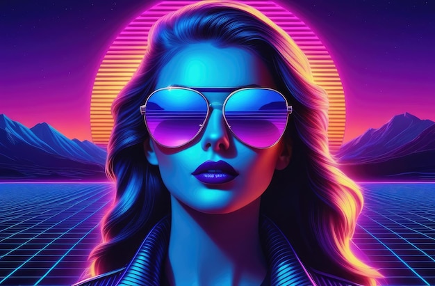 confident woman in sunglasses with 80s retro vibe 3D virtual reality landscape in 1980s style