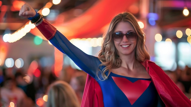 Confident Woman in Superhero Costume Celebrating at Party