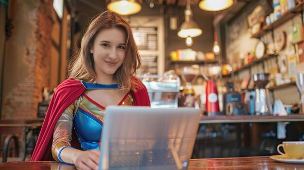 Confident Woman in Superhero Costume Working on Laptop Empowerment Strength Technology