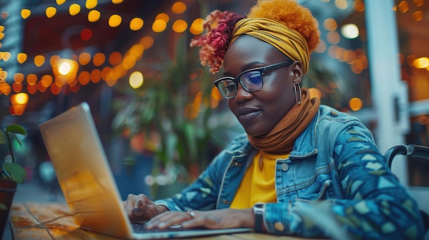 Confident woman using laptop while sitting in a wheelchair