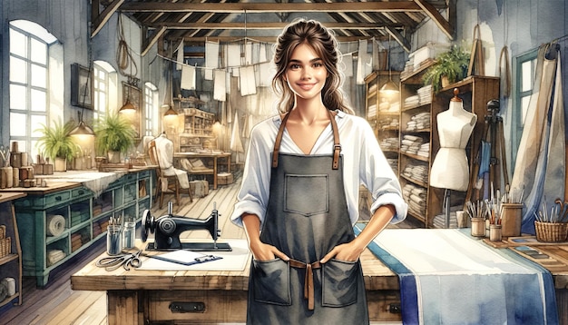 A confident woman wearing a leather apron stands in a wellorganized workshop filled with tools and materials